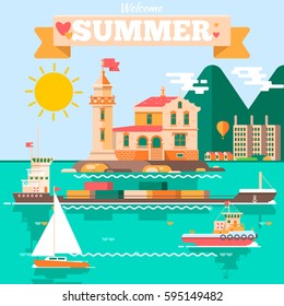 Flat design vector nature landscape illustration with lighthouse tugboats sailing boat, air balloon. Summer vacation, perfect holidays concept
