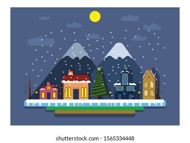 Flat design vector nature winter illustration with mountains, moon, clouds, snowfall, snowflakes, trees, lamps, cartoon house, Night rural landscape