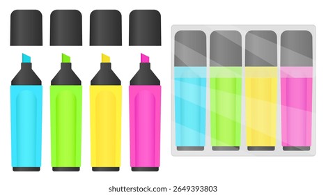 Flat design vector of neon highlighters in pink, green, blue, and yellow with caps and case.