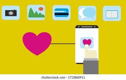 Flat design vector on smartphone,In the hand, pressing the app.