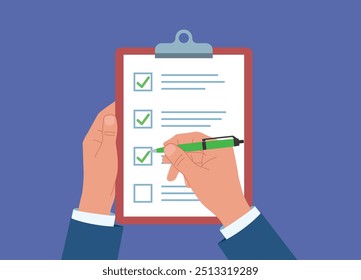  Flat design vector. One hand holding a checklist and the other holding a pen and filling it out. Businessman filling out a survey. All answers marked correctly.