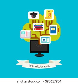 Flat design vector. Online education concept illustration. Knowledge tree grows and divides monitor. Creative flat illustration of webinar, online education, lectures and training in internet.
