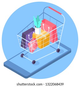 Diseño plano vectorial en línea de compra móvil concepto isométrico. Icono de color de moda del carrito de supermercados con bolsas de compras, regalos y cajas sobre la pantalla de gadget móvil aislado en el fondo azul.