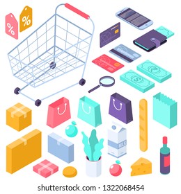 Flat Design Vector Online Mobile Shopping Isometric Interface Icons Vector  Concept. Supermarket Cart, Money, Wallet, Credit Cards, Gifts, Boxes, Grocery, Website Search Items, Discount And Sale Tags.