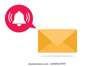 Flat design vector. Orange email envelope. Next to the envelope there is a white speech bubble with a red bell icon.