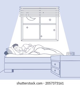 Vector de diseño plano personas durmiendo cuando noche estrellas y luna en la ventana de una habitación de cama con un bonito sueño simple ilustración para sitio web