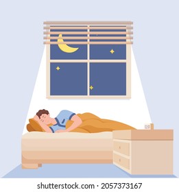 Vector de diseño plano personas durmiendo cuando noche estrellas y luna en la ventana de una habitación de cama con un bonito sueño simple ilustración para sitio web