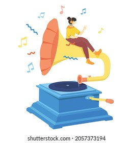 Flat design vector people simple illustration for website women listening music joyfull and calm with the speaker color 