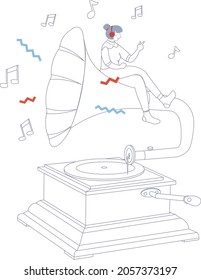 Diseño plano vectorial personas simple ilustración para mujeres de sitios web escuchando música alegre y tranquila con el arte de la línea del altavoz