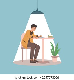 Flat design vector people teenager writing and studying at home on the table top design by wearing glasses simple illustration for website