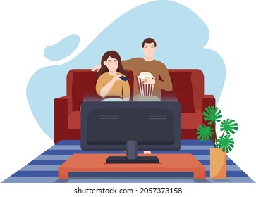 Flat design vector people watching tv netflix chanel couple goals, couple in love chilling chill and netflix simple illustration for website