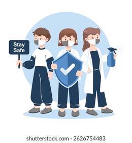 Flat design vector of people wearing masks holding sanitizer, shield, and Stay Safe sign. Covid-19 protection concept.
