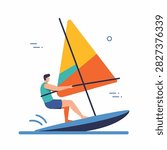 Flat design vector of a person windsurfing with a bright sail
