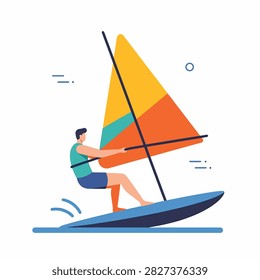 Flat design vector of a person windsurfing with a bright sail