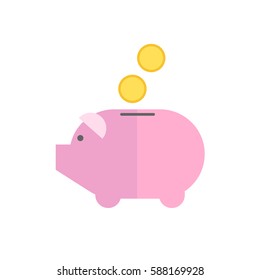 Flat design vector piggy bank icon with golden coins isolated on white background for your website or application