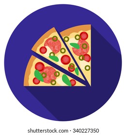 Flat design vector pizza icon with long shadow, isolated.