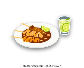 Flacher Designvektor eines Tellers mit sattem Ayam mit Erdnusssoße und einem Glas Kalktee, saubere Linien, bunt, einzeln auf weißem Hintergrund"