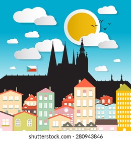 Flat Design Vector Prague Castle Illustration - The Cathedral of St Vitus - Czech Republic in Europe