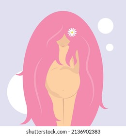 Flat design vector of a pregnant woman holding her belly. Dreaming of her baby. Maternal love