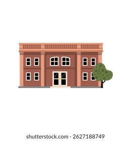 Flat design vector of a public library building with classic architecture, multiple windows, main entrance, and a nearby tree.