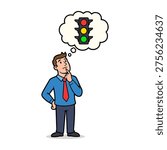 Flat design vector of a puzzled professional contemplating traffic signals, ideal for business, decision-making, or urban lifestyle concepts in marketing and educational materials.
