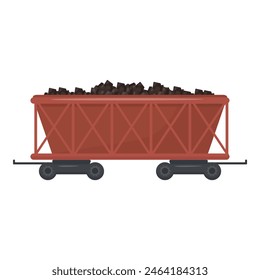 Flat design vector of a red coal mine cart filled with coal, isolated on a white background
