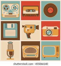 Flat design vector retro media icon set  for app and web design. Vintage media retro icon set. Retro cassette, disk, film camera, photo icon. Vector icon of tape recorder, vintage radio and retro TV.