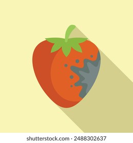 Flat design vector of a ripe strawberry with a playful bite taken out, casting a soft shadow