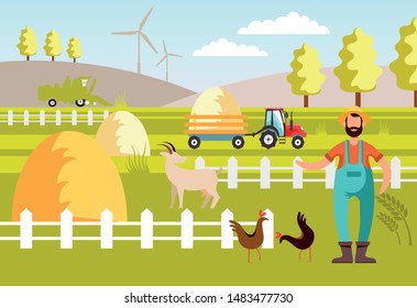 Flat design vector rural landscape illustration with farm building, barn, garden, beds of carrots, tomatoes, pumpkin, cow. Farming, agricultural, organic products concept.