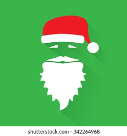 Flat Design Vector Santa Claus Face on green background. Icon. Greeting Card.