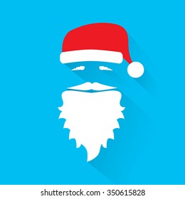 Flat Design Vector Santa Claus Face on blue background. Icon. Greeting Card.