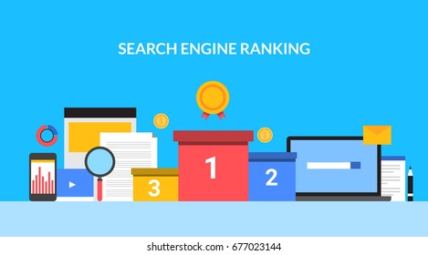 Flat Design Vector For Search Engine Ranking, Website Rank Optimization, SEO Marketing Banner With Icons