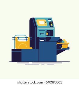 Flat design vector self service cash machine illustration. Retail, grocery shop or supermarket self checkout terminal