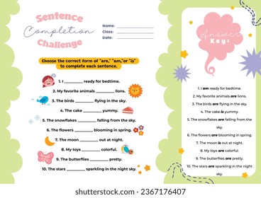 flat design vector sentence completion printable worksheet for kids activity