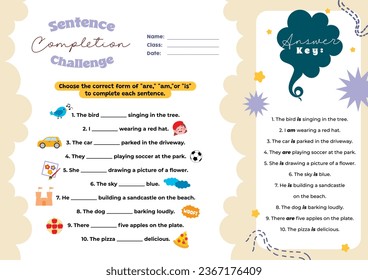 flat design vector sentence completion printable worksheet for kids activity