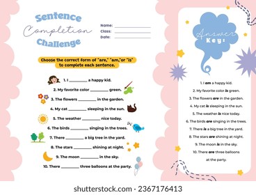 flat design vector sentence completion printable worksheet for kids activity