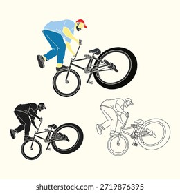 Flaches Design, Vektorgrafik-Set eines Fahrradfahrers, der einen Freestyle-Trick auf einem BMX-Fahrrad vorführt