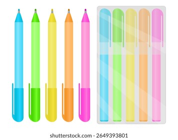 Flat design vector set of gel pens in five vibrant colors with open and closed caps, including a transparent plastic case.