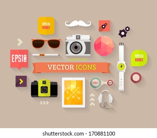 Flat Design Vector Set. Hipster Theme. Mustache, Glasses, Speech Bubbles, Tablet PC, Camera, Phone and other Icons Design.