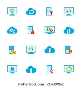 Flat design vector set with hosting, server, database, network and cloud computing icons.