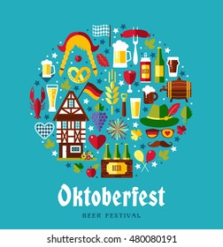 Flat design vector set icons with oktoberfest celebration symbols. Oktoberfest celebration design with Bavarian hat and autumn leaves and germany symbols on blue background.