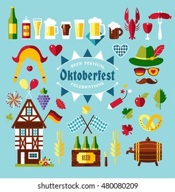 Flat design vector set icons with oktoberfest celebration symbols. Oktoberfest celebration design with Bavarian hat and autumn leaves and germany symbols on blue background.