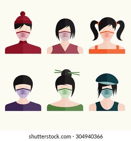 flat design vector set japanese girls in medical masks