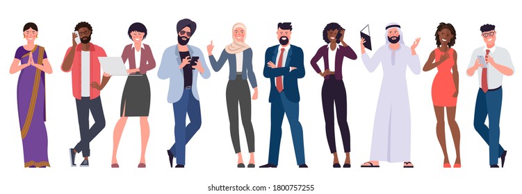 Flat design vector set of multicultural, black, caucasian, arab, muslim and indian people characters are acting and communicaing. Trendy modern style vector illustration in flat cartoon style.