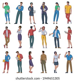 Flat design vector set of multiethnic male and female character. Diverse multiethnic various people walking, talking to each other, acting and communicating isolated on white.