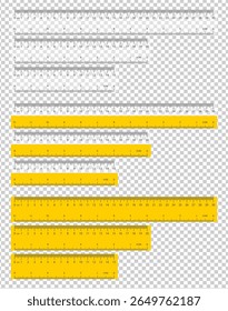 Flat design vector set of plastic rulers in transparent, half yellow, and solid yellow styles. Available in 15, 20, and 30 cm.