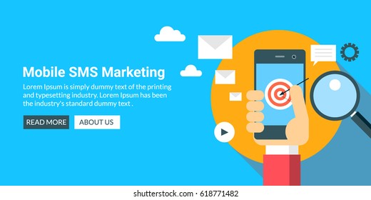 Flat Design Vector For SMS Marketing, Mobile Marketing, Text Message Campaign Isolated On Blue Background