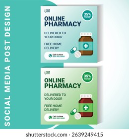 Flat design vector social media post template for promoting online pharmacy services. Includes 35% discount offer, free home delivery, medicine bottle and pill illustration, and call-to-action.