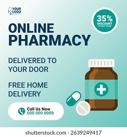 Flat design vector social media post template for promoting online pharmacy services. Includes 35% discount offer, free home delivery, medicine bottle and pill illustration, and call-to-action.