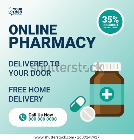 Flat design vector social media post template for promoting online pharmacy services. Includes 35% discount offer, free home delivery, medicine bottle and pill illustration, and call-to-action.